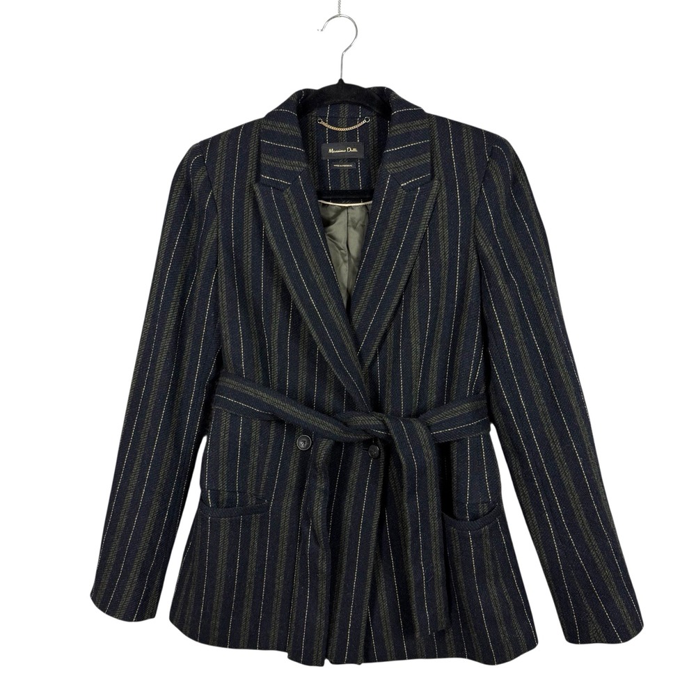 Massimo Dutti Navy Pinstripe Belted Blazer